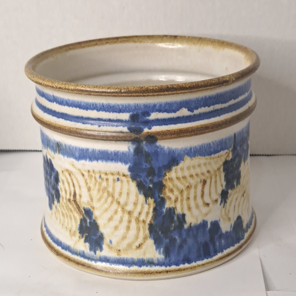 Studio Art Pottery Plant Holder Blue, Brown and White Glaze Design, Signed.